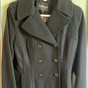Very stylish black wool blend pea coat.  Excellent condition.